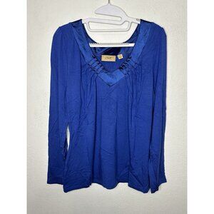 Motto Satin Trim V-neck Stretch Top w/ Pleat Detail Blouse Shirt Size Large